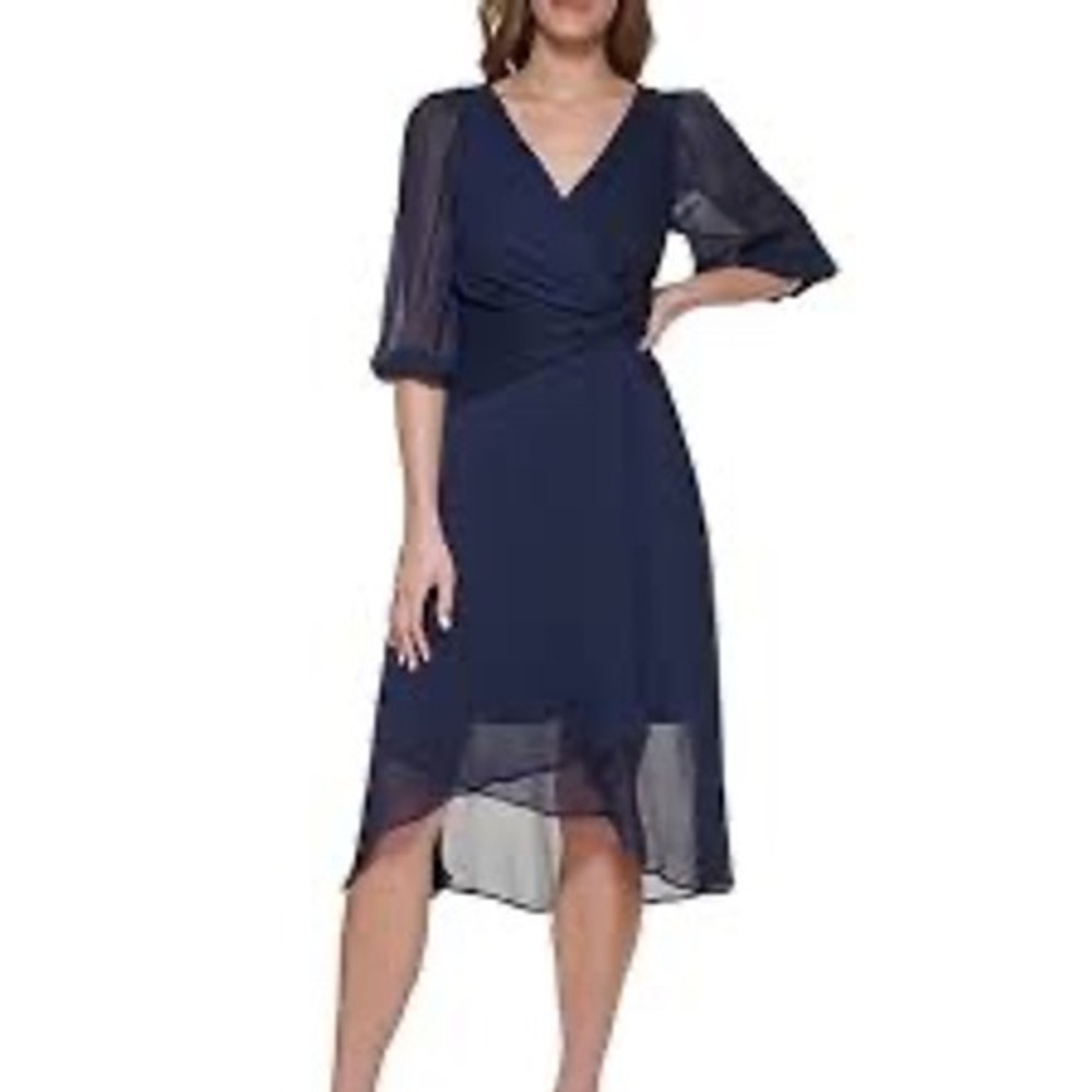 DKNY Navy Blue Chiffon Faux Wrap Midi Dress Twist Front 3/4 Sleeve Size 8 NWT‎